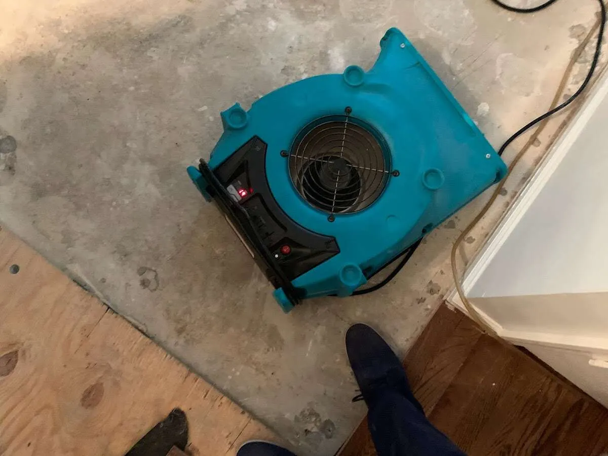 Air mover drying subfloor during Leak Detection & Repair in Dearborn Heights